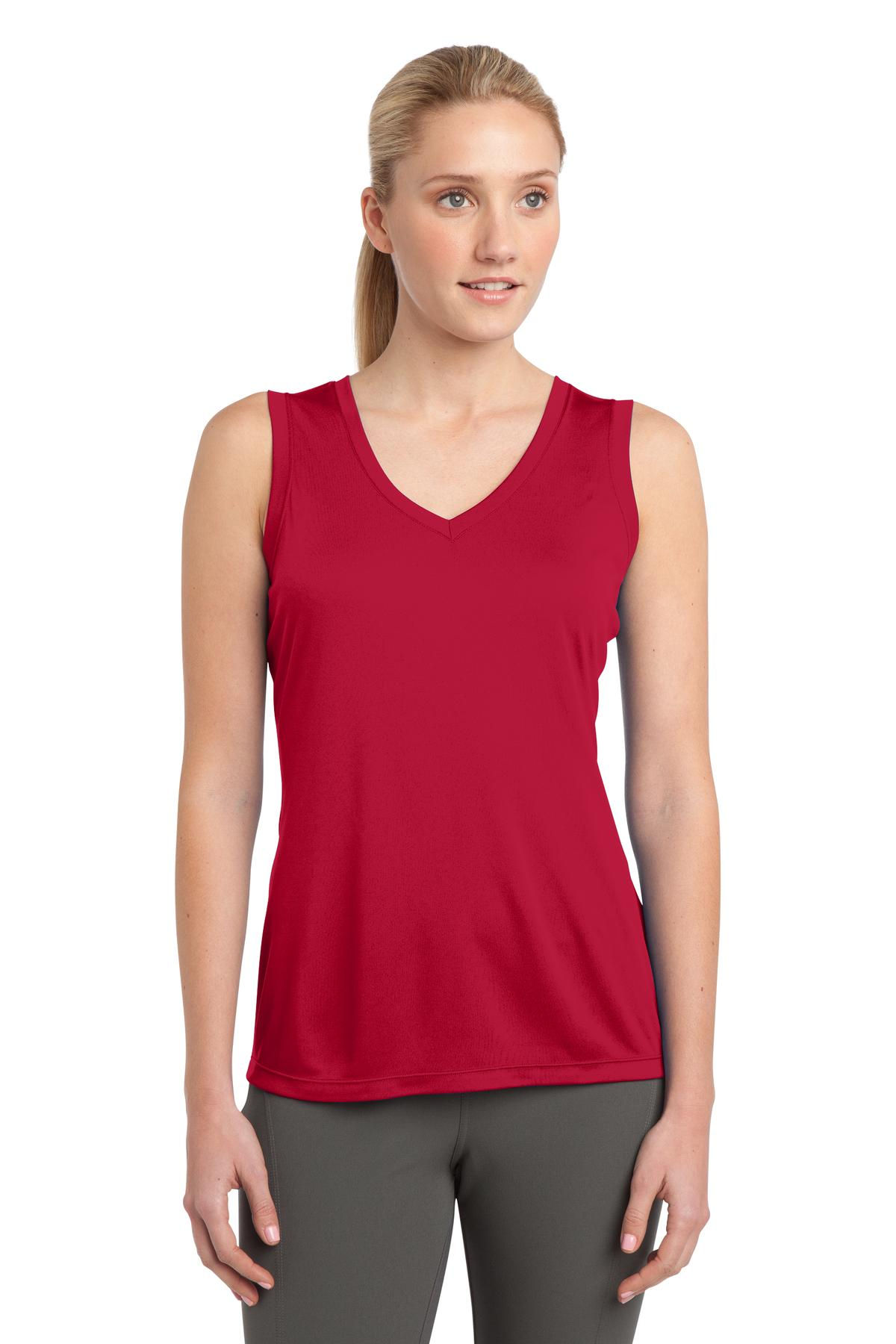 Womens Sleeveless V-Neck Tee, Womens Polyester Tee, Womens Red Sleeveless Tee, Womens T-Shirt, Sweat Wicking Tee, AAVANTE