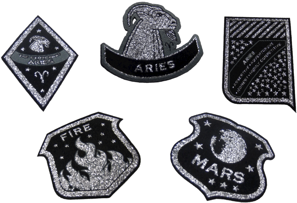 Aries Zodiac Patches, black metallic silver, Iron-On Appliques, Sign, Traits, Glyph, Element, Planet | Astro-Patch Mini's