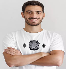 man wearing wht short sleeve shirt with full size and 2 mini emblems.png
