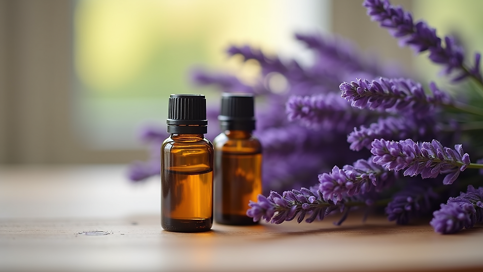 Eye-level view of lavender essential oil bottles on a wooden surface