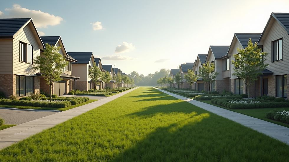 Wide angle view of a newly developed residential neighborhood with green spaces