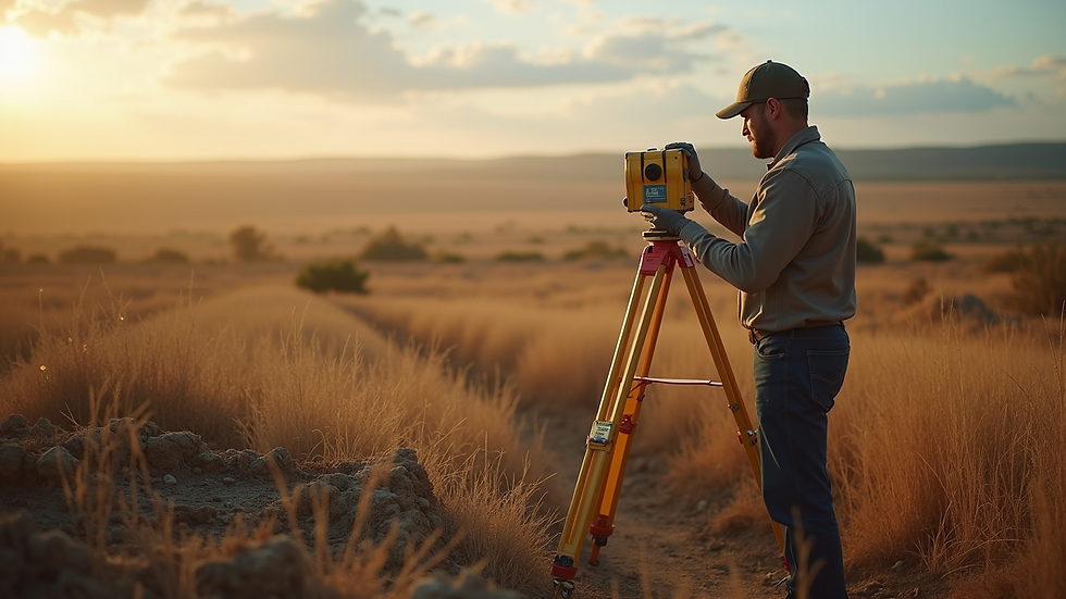 High angle view of a land surveyor examining a plot of land
