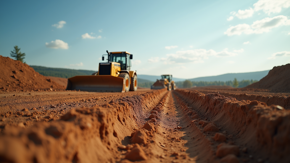 Eye-level view of a construction site with heavy machinery and cleared land