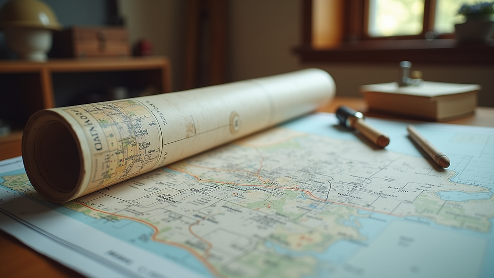 Close-up view of a land surveyor’s map and tools on a wooden table