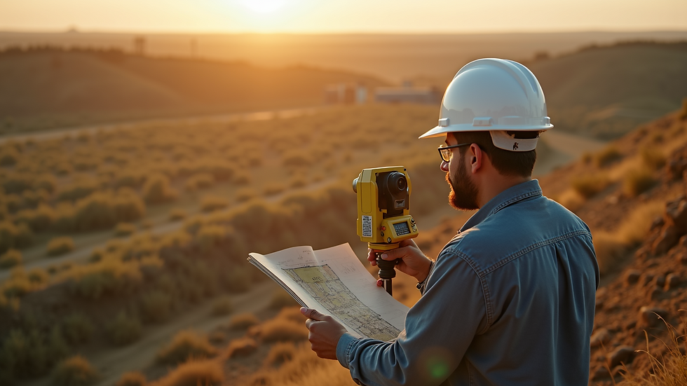 High angle view of a land surveyor examining a plot of land