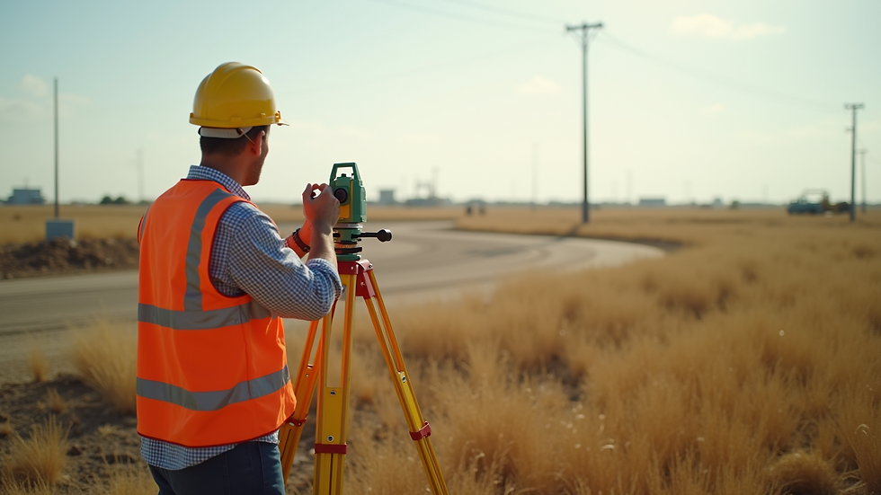 Wide angle view of a surveyor examining a plot of land with measuring tools