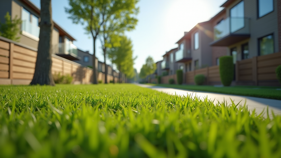 Eye-level view of a modern residential neighborhood with green lawns