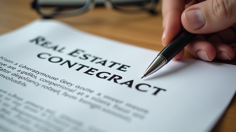 Close-up view of a real estate contract and pen on a wooden table