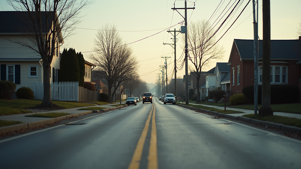 Eye-level view of a quiet residential neighborhood street