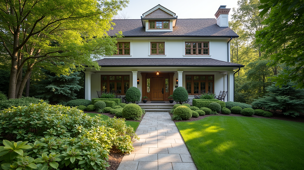 High angle view of an attractive home exterior with well-maintained garden