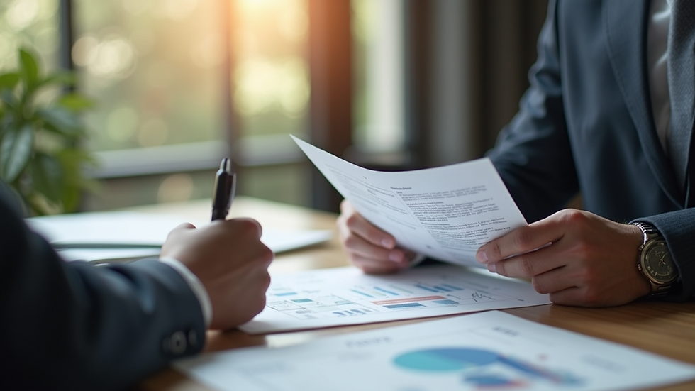 Close-up view of a real estate agent showing property documents to a client
