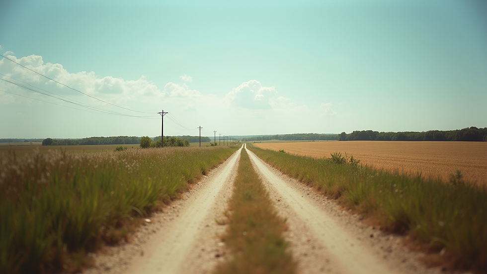 Eye-level view of a rural landscape with open fields and a winding dirt road