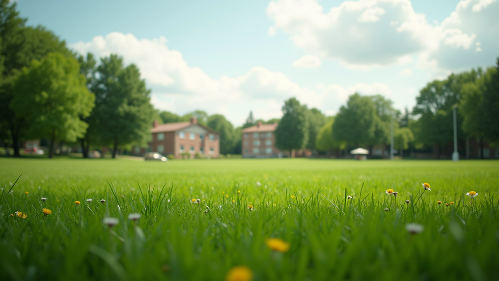 Eye-level view of a green open field with a small community park