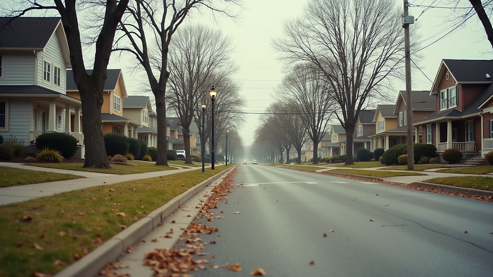 Eye-level view of a quiet residential neighborhood with empty lots