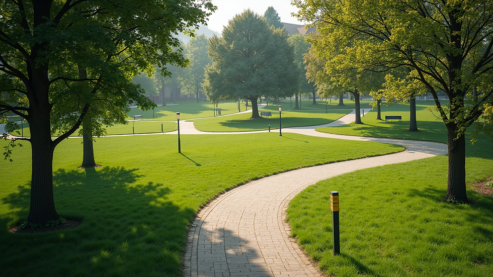 High angle view of a community park with walking paths and green spaces