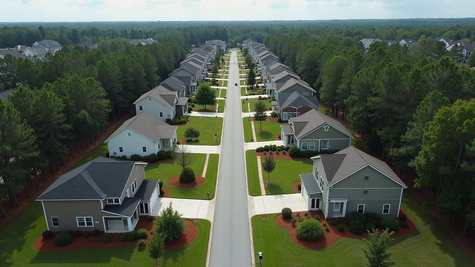 High angle view of a South Carolina residential neighborhood with green spaces