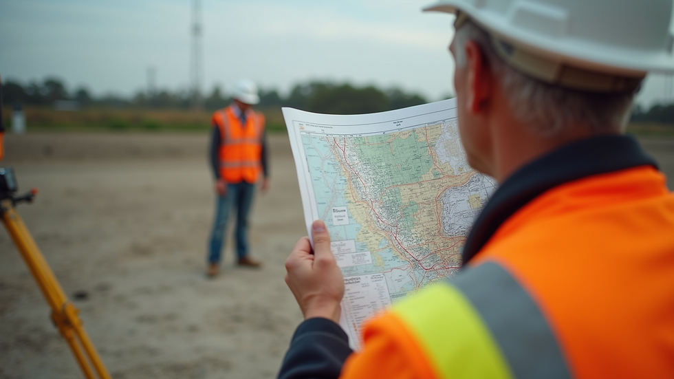 Close-up view of a land surveyor examining a map on site