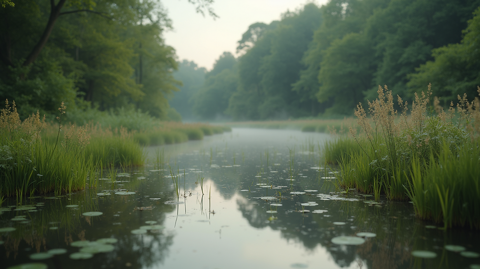Eye-level view of a serene landscape featuring a pond