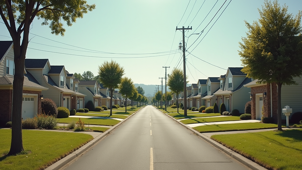 Eye-level view of a quiet residential neighborhood with open land plots