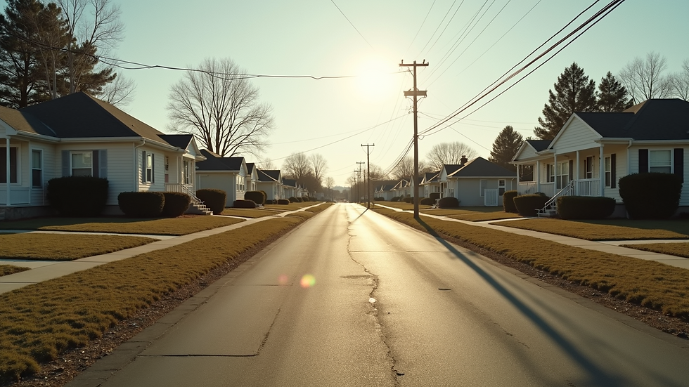 Eye-level view of a quiet residential neighborhood with empty lots