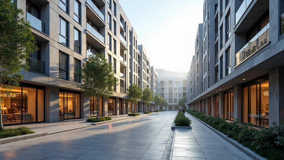 Wide angle view of a mixed-use development with shops and apartments