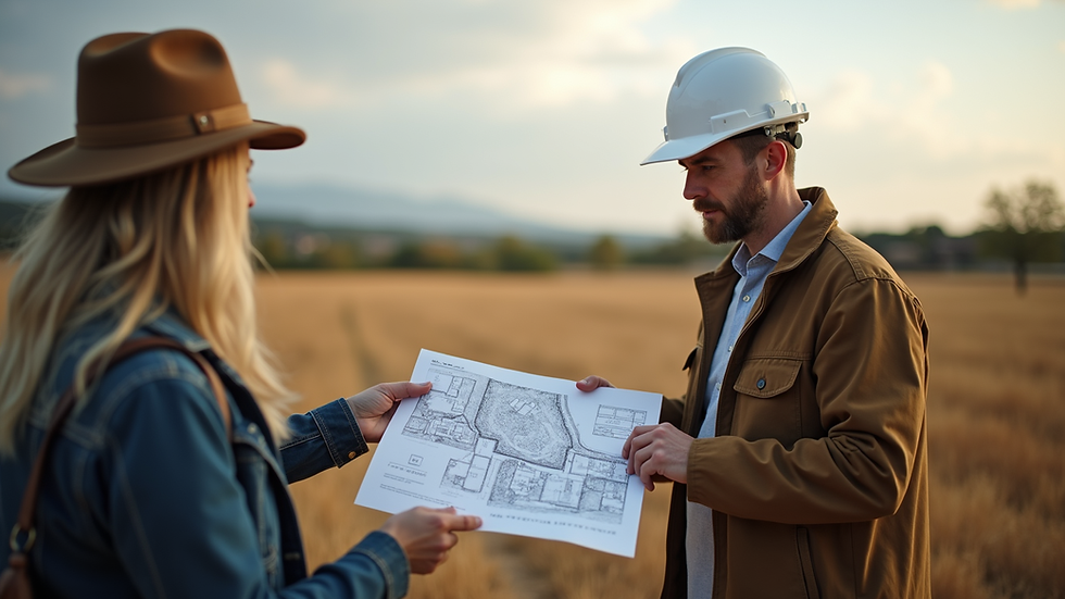 Eye-level view of a landowner discussing property plans with a local land expert outdoors