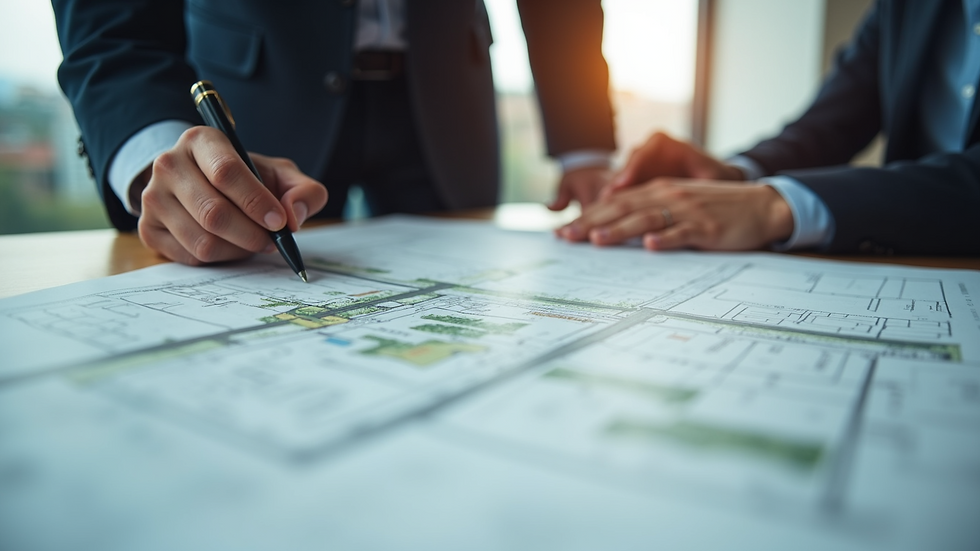 Close-up view of a consultant reviewing land maps and zoning documents