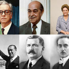 Colagem com seis retratos de líderes políticos, em cores e preto e branco, com expressões sérias sobre fundos neutros.