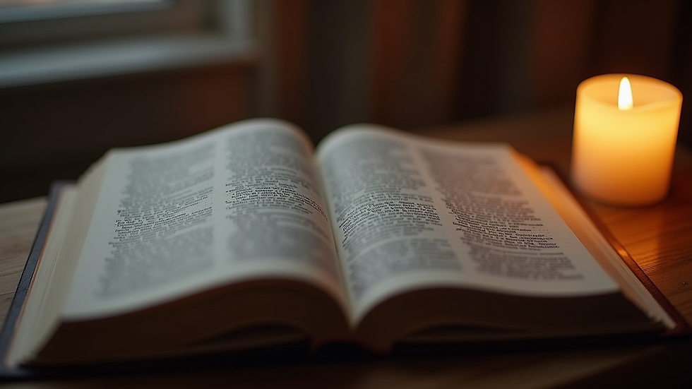 Close-up view of an open Bible with a glowing candle nearby