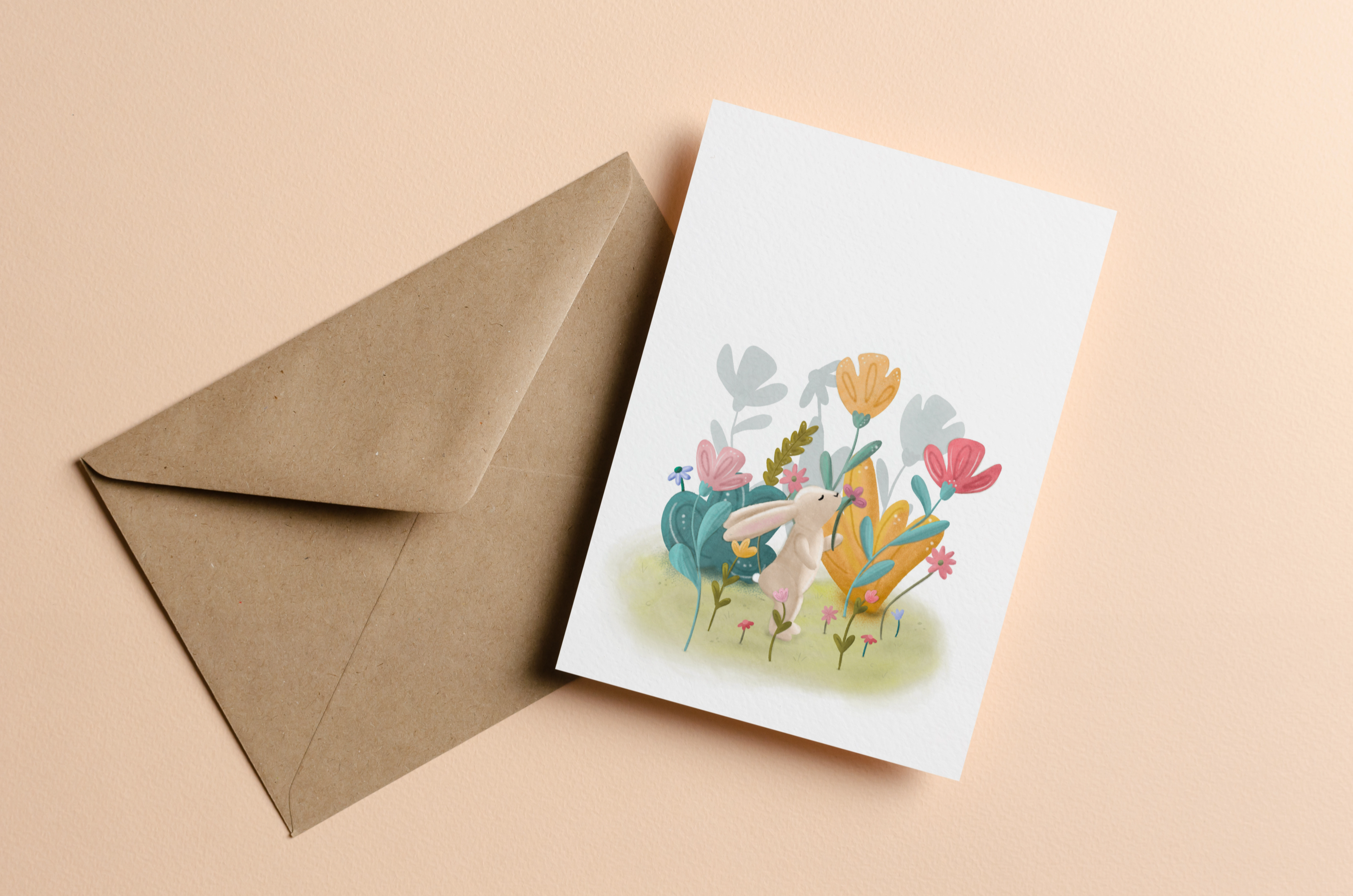 Wenskaart konijn & bloemen a6