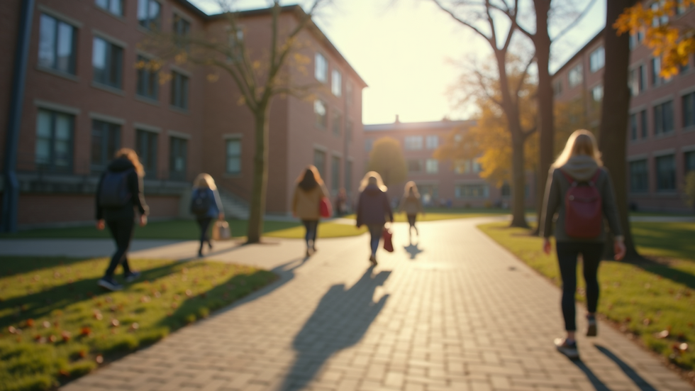 Eye-level view of a university campus with students walking