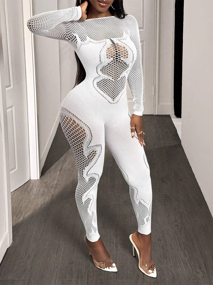 FHSEER Women's Sexy Jumpsuit Sheer Mesh Long Sleeve Hollow Out Bodycon High-Wais