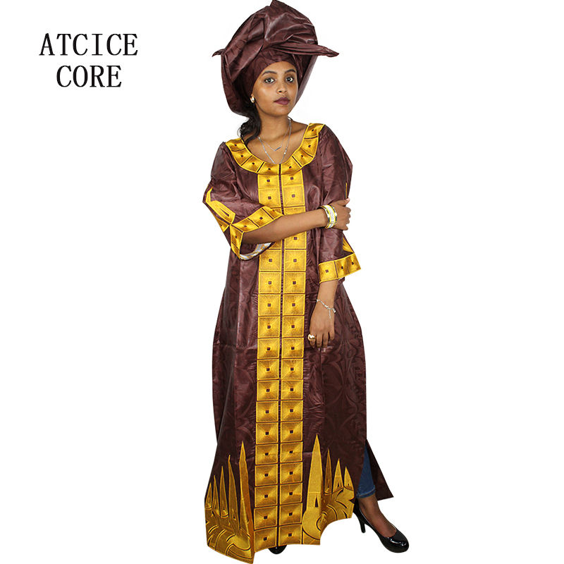 African Dresses For Woman Bazin Riche Embroidery Desing Long Dress With Scarf 2
