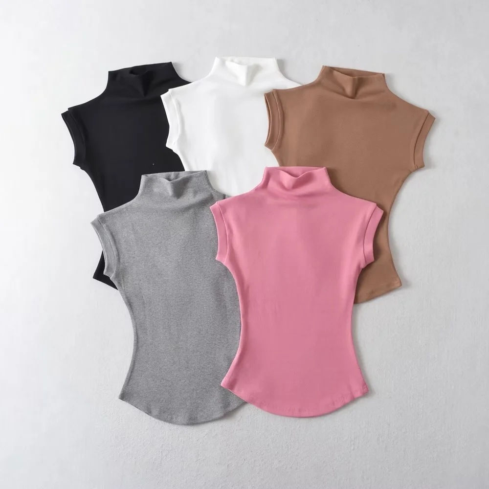 Women Summer Sexy Turtleneck Sleeveless T-Shirts Tops Solid Slim Fit Pullovers C