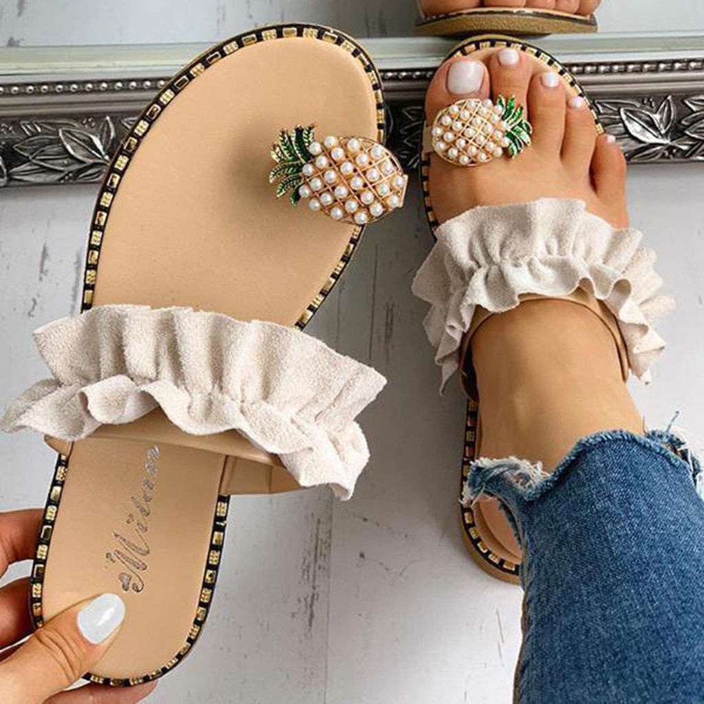 2024 Women Slipper Pineapple Pearl Flat Toe Bohemian Summer Beach Sandals Ladies