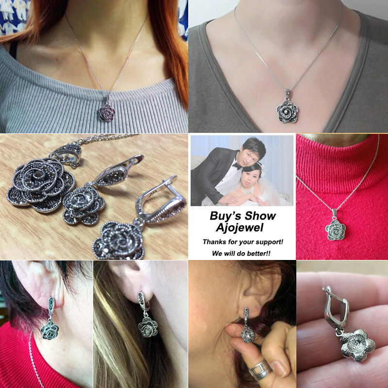 Ajojewel Brand Parure Bijoux Elegant Crystal Rose Flower Necklace Earrings Black