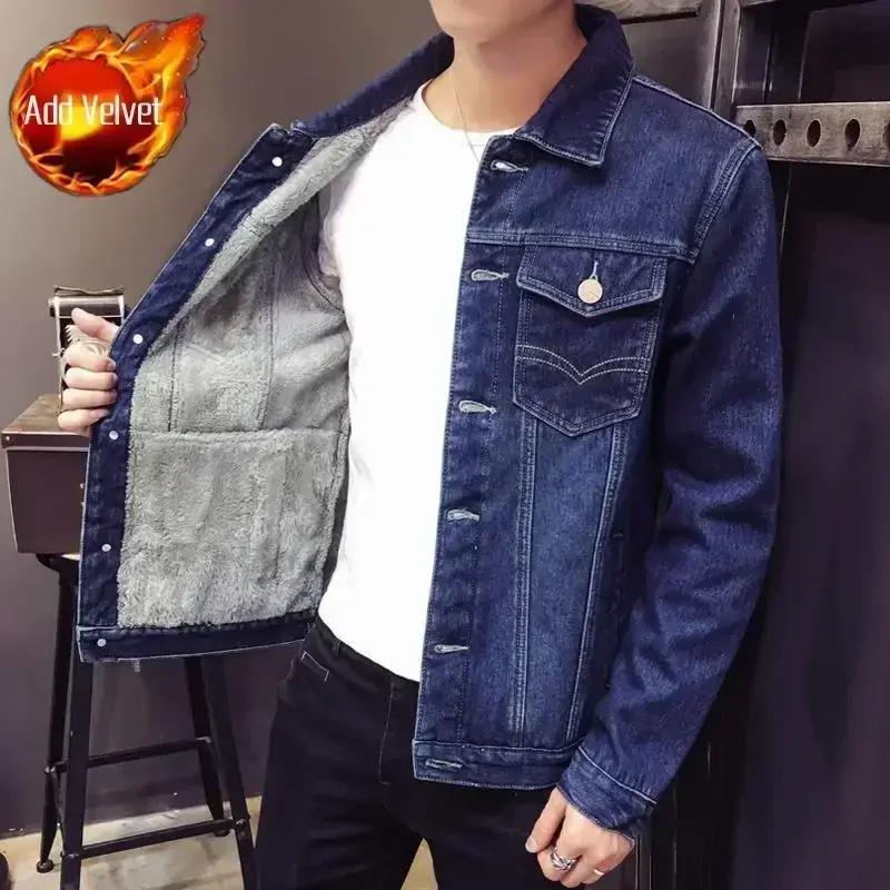 With Sheep Wool Button Denim Jackets Man Padded Padding Autumn Black Jeans Coat