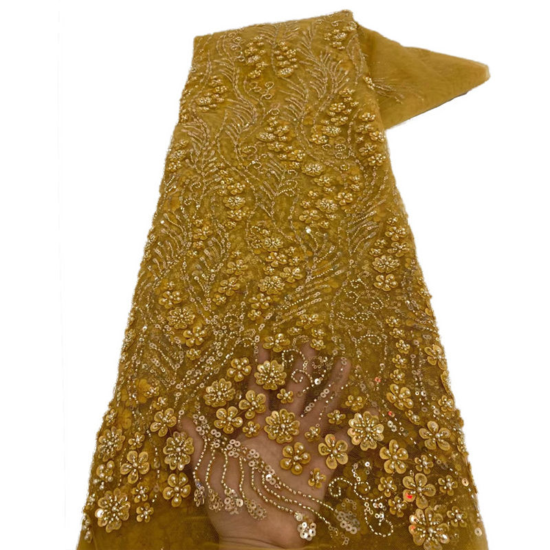 French Style Sequin Embroidered African Lace Fabric 1 Yard for Nigerian Wedding