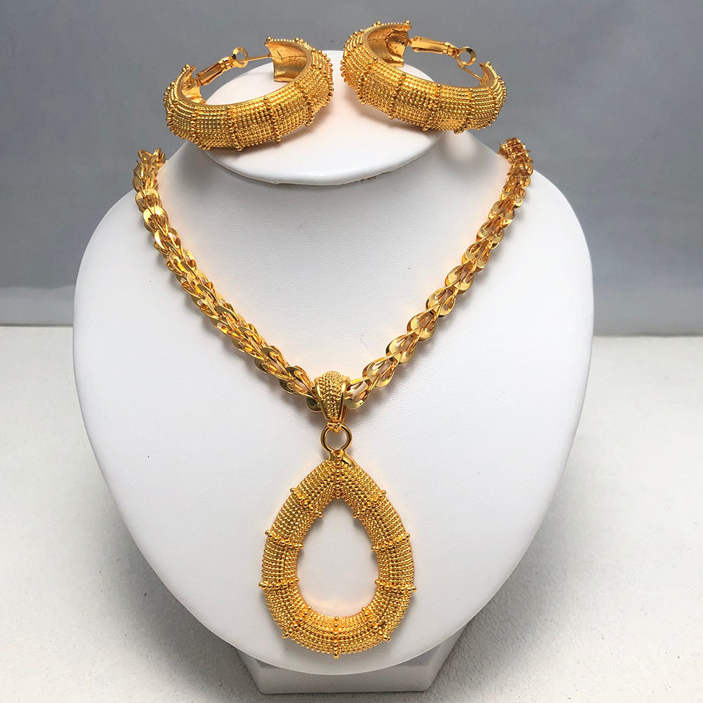 New Gold Color Wedding Jewelry Set Party Bride Women With Earrings Necklace
