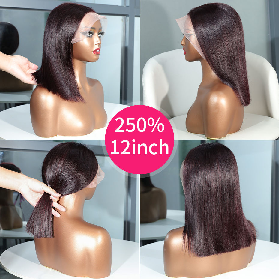 13x6 13x4 Frontal Bob 100%Human Hair Lace Front Wig Dark 99J Burgundy Square Cut
