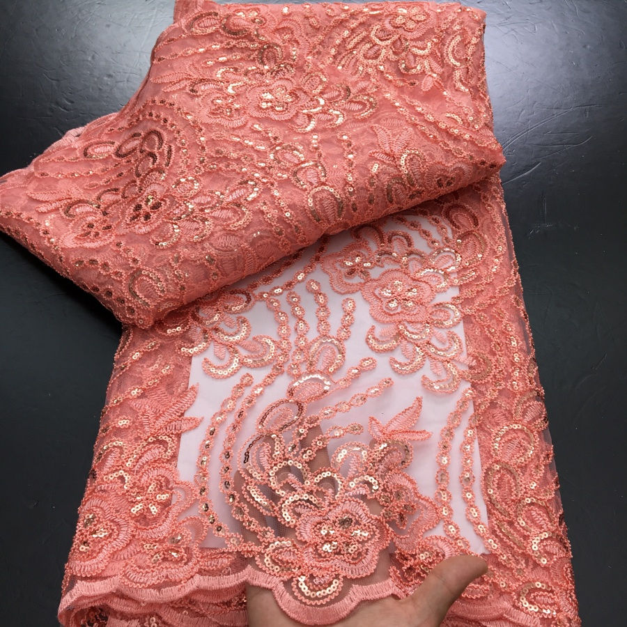 French Mesh Lace Fabric With Sequins Newest Embroidery African Net Lace Fabric F
