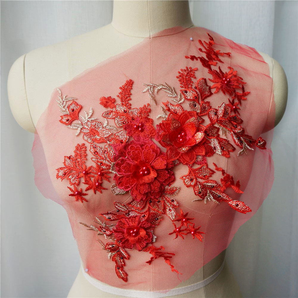 Purple Red Blue Lace Fabric 3D Flower Beads Rhinestone Embroidered Wedding Gown