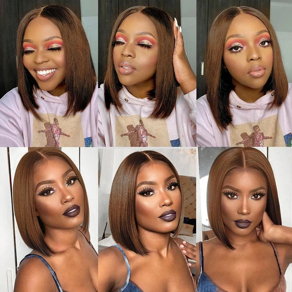 13X4 Chocolate Brown Straight Bob Wig 4X4 Silky Straight HD Lace Frontal Wig Nat