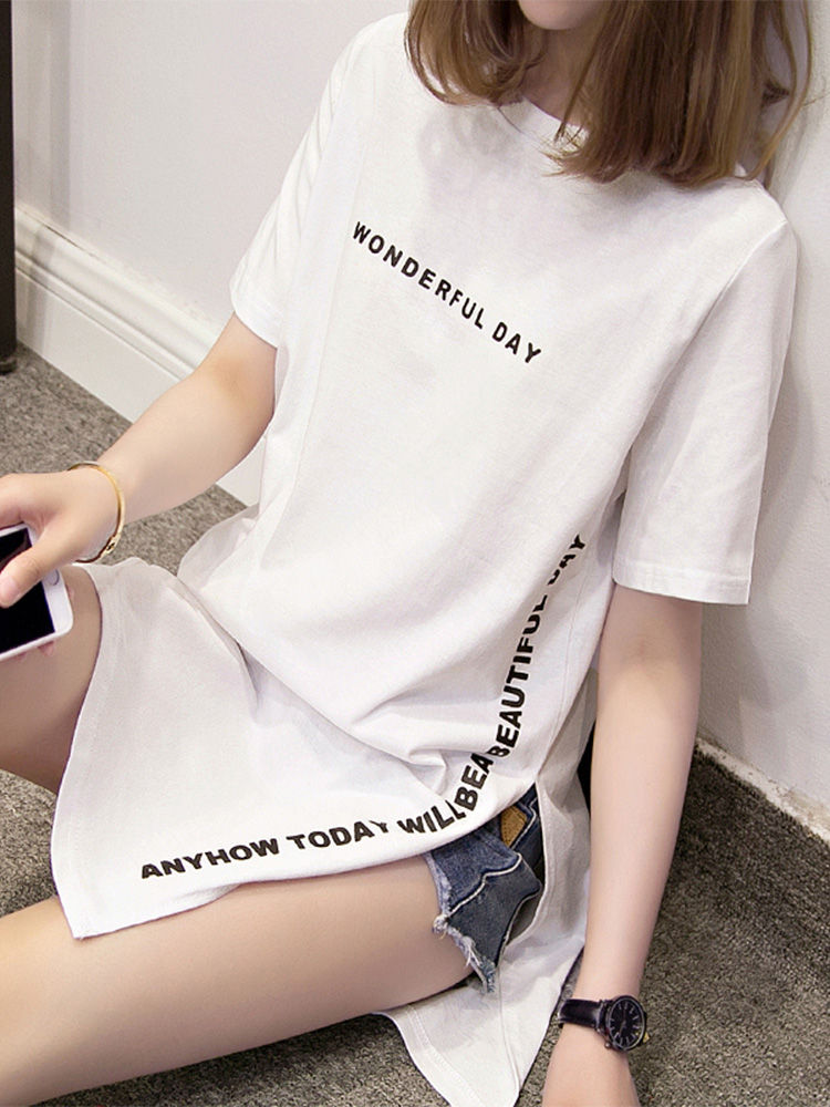 WONDERFUL DAY Print Long T shirts Summer Women Loose Slit Femme Tops Cotton Tshi
