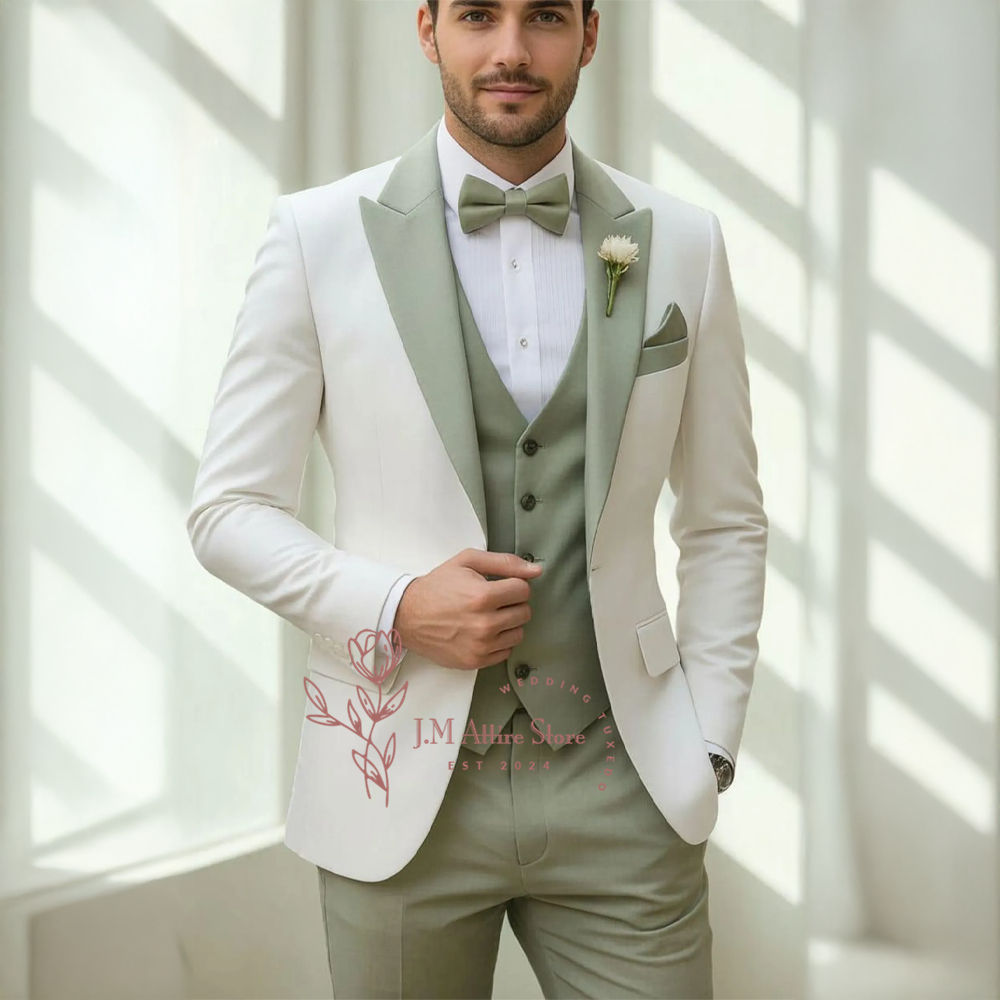Men's Formal Suit White Blazer Sage Green Vest Pants 3-Piece Set Custom Partywea