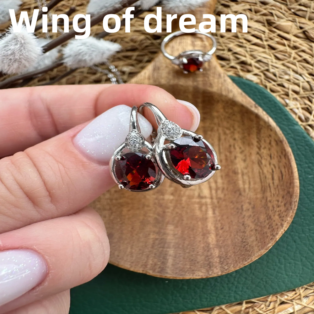 Luxury 925 Sterling Silver Jewelry Set, Inlaid With Red Crystal Zircon Necklace
