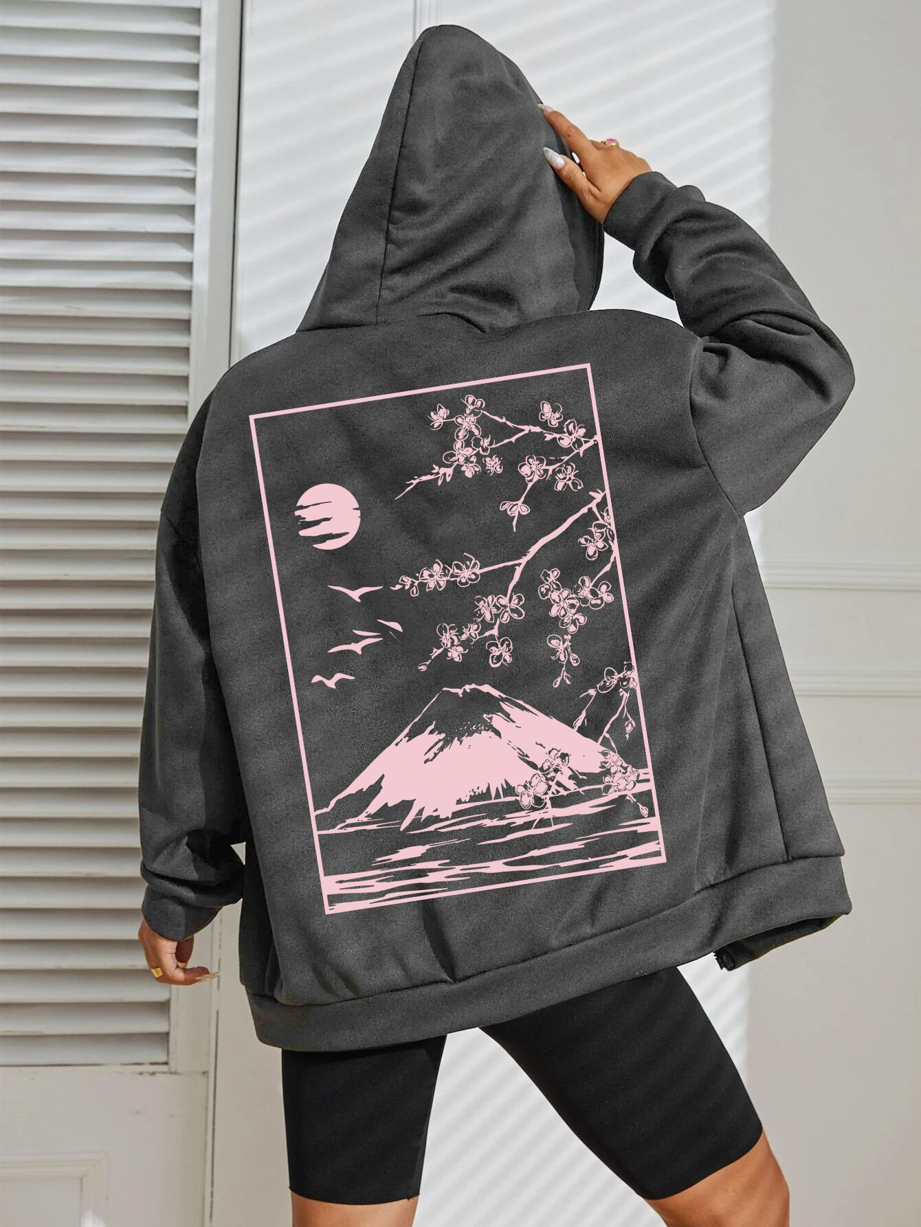 Tokyo Sakura Mount Fuji Business Card Pattern Women Zipper Hoodie Hip Hop Loose