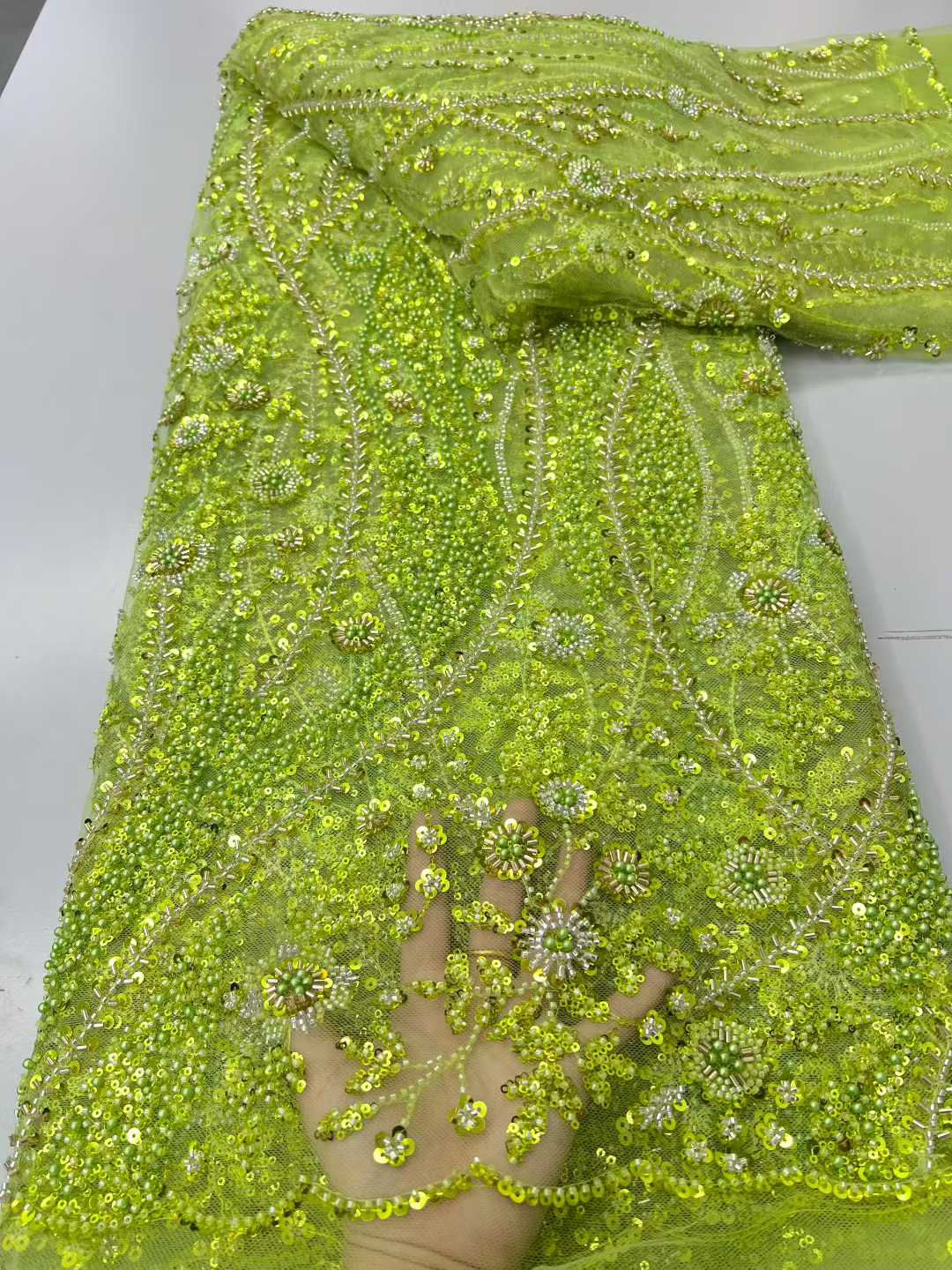 African Sequins Beaded Groom Lace Fabric High Quality French Tulle Lace Fabric 2
