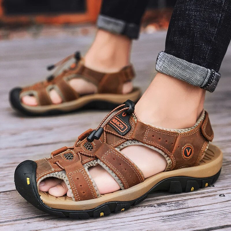 Men Sandals Summer Genuine Leather Mens Casual Shoes Outdoor Leather Sandals for