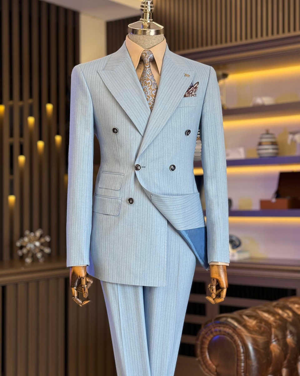 Elegant Pinstriped Men Wedding Suits Double Breasted Peak Lapel Tuxedos Groom Pa